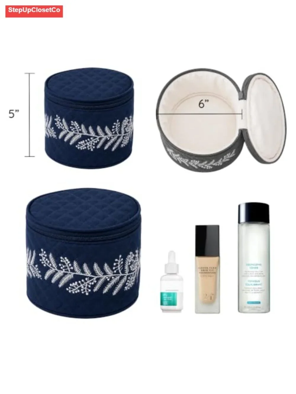 Hand Embroidered Linen Makeup Storage Box Set of 2 Cylinder Cosmetic Organizer